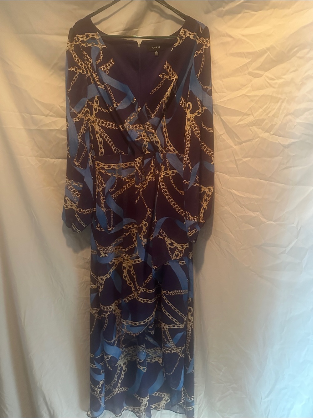 Guess Navy and Blue Chain-Print Wrap Maxi Dress